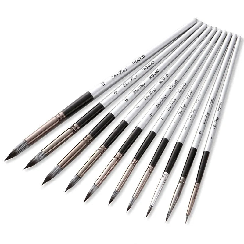 10-piece nylon hair brush set with wooden handles, silver gray rod detail, and round front tips, 20-23cm long