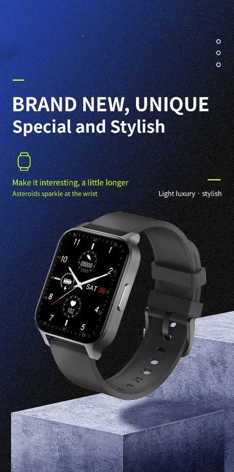 Smart health watch with colour screen on a black mesh strap, showing display with health metrics.
