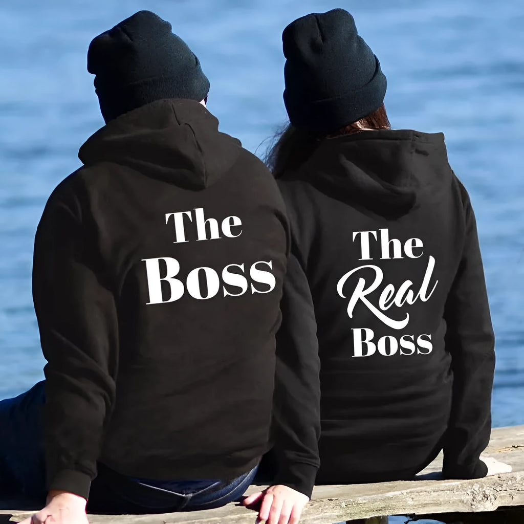 Black couple hoodie pullover with side pocket on model, loose fit polyester fiber casual sweater