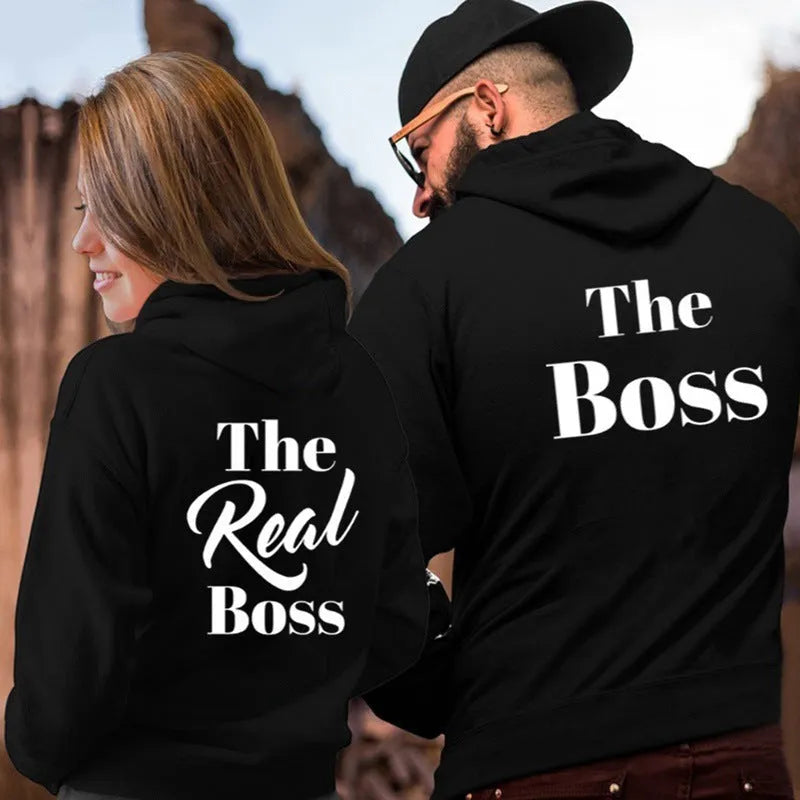 Black couple hoodie pullover with side pocket on model, loose fit polyester fiber casual sweater