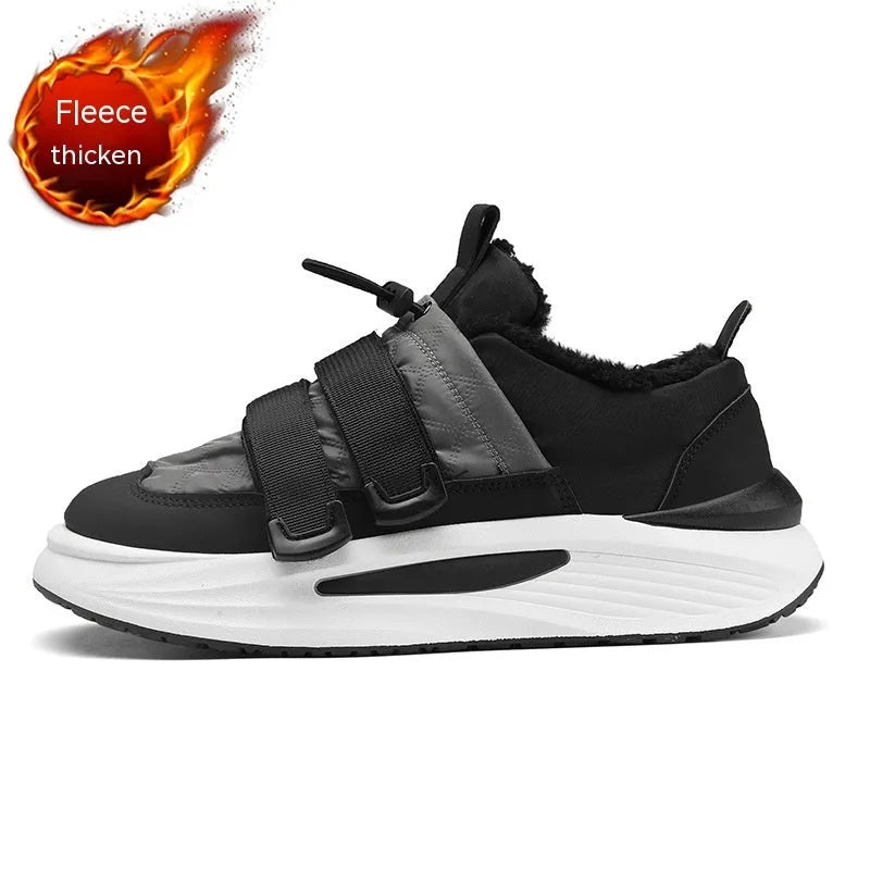 Men's black and gray striped lace-up platform sneakers with cotton upper and PVC sole on display