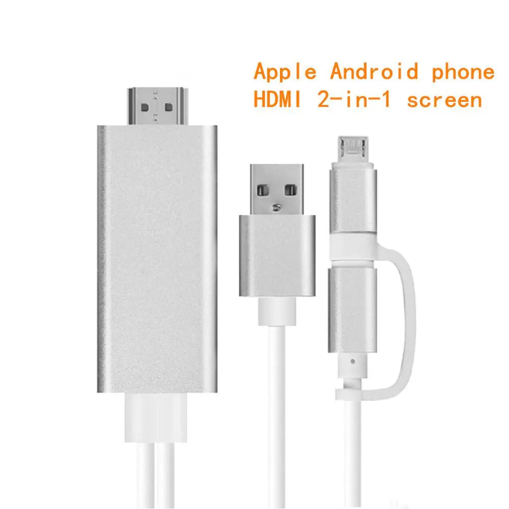 Silver HDMI 2-in-1 plug-and-play cable adapter 2 metres length on white background