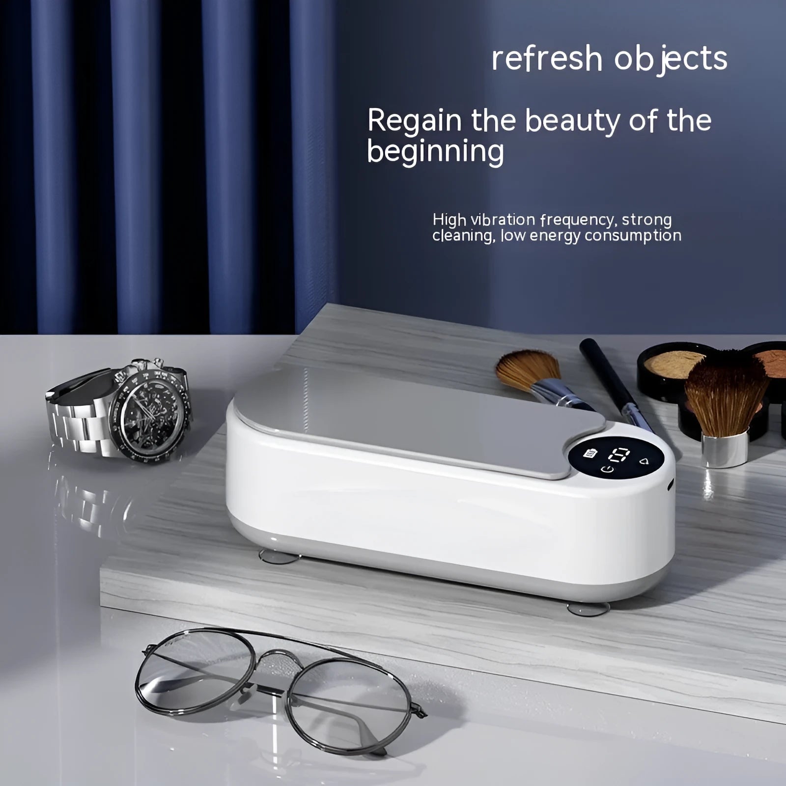 White ultrasonic glasses cleaning machine with display, USB port, and 200g weight