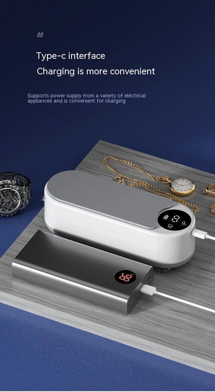 White ultrasonic glasses cleaning machine with display, USB port, and 200g weight