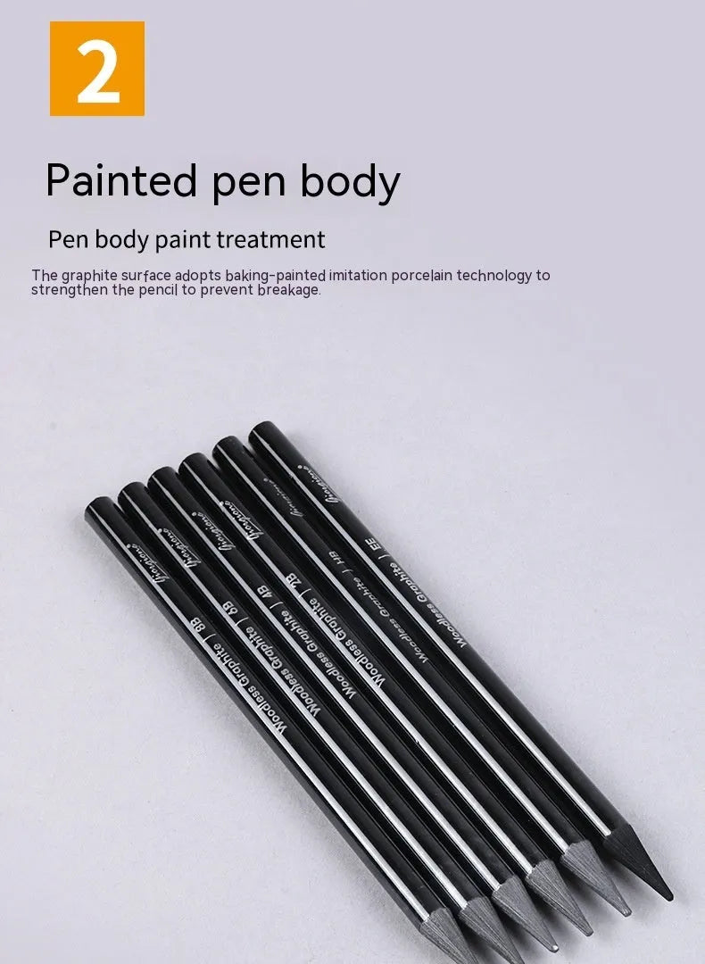 Set of six graphite and three carbonized pencils with wooden casings on a retail suction card.