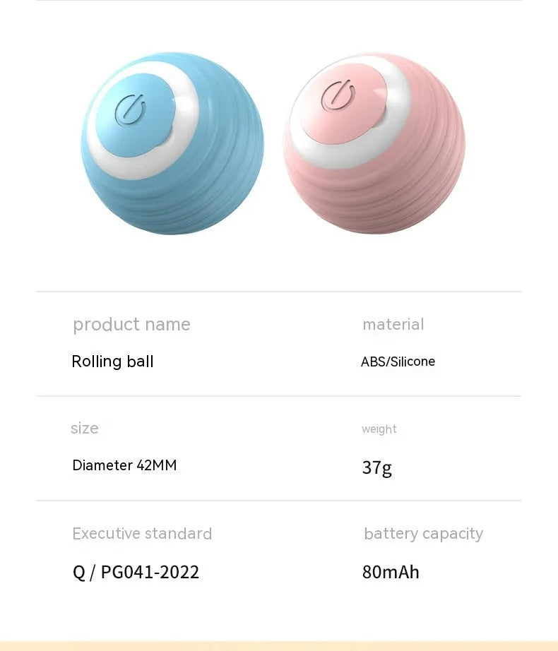 Blue and pink rechargeable automatic moving bouncing ball cat toy on a floor.