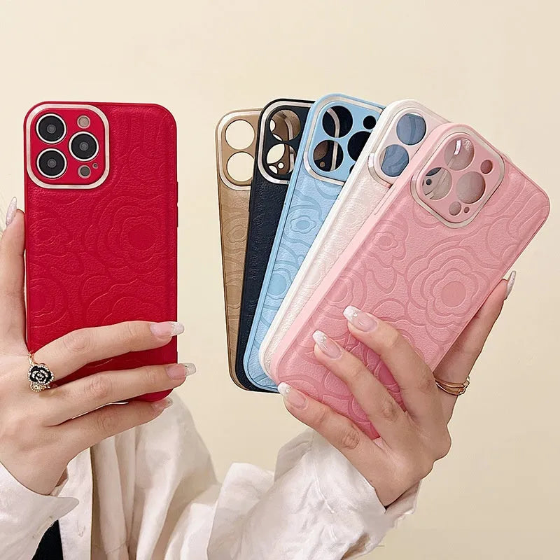 Camellia leather pattern iPhone case with soft edge and hard back in antique white