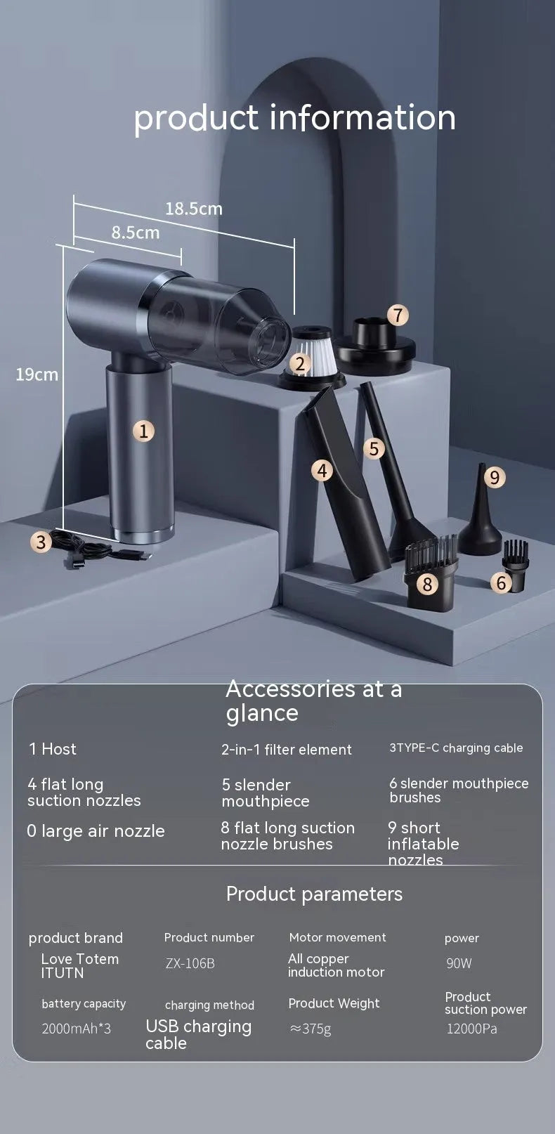 Handheld car vacuum cleaner in space-like grey colour with brushless motor and blowing/suction functions