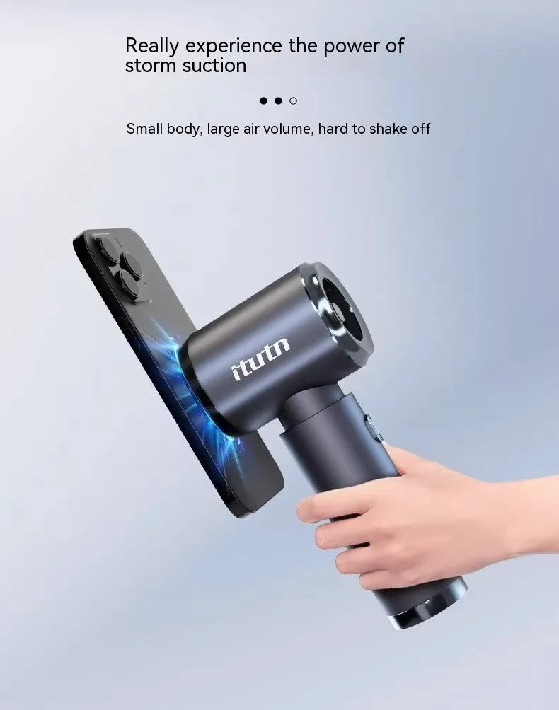 Handheld car vacuum cleaner in space-like grey colour with brushless motor and blowing/suction functions