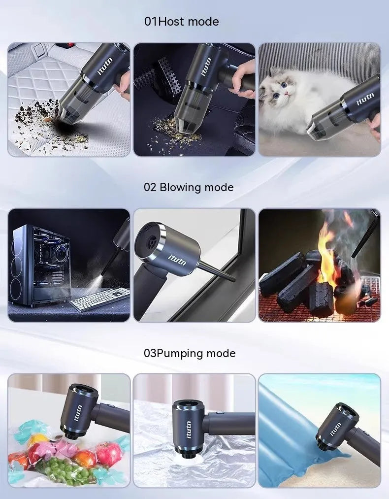 Handheld car vacuum cleaner in space-like grey colour with brushless motor and blowing/suction functions