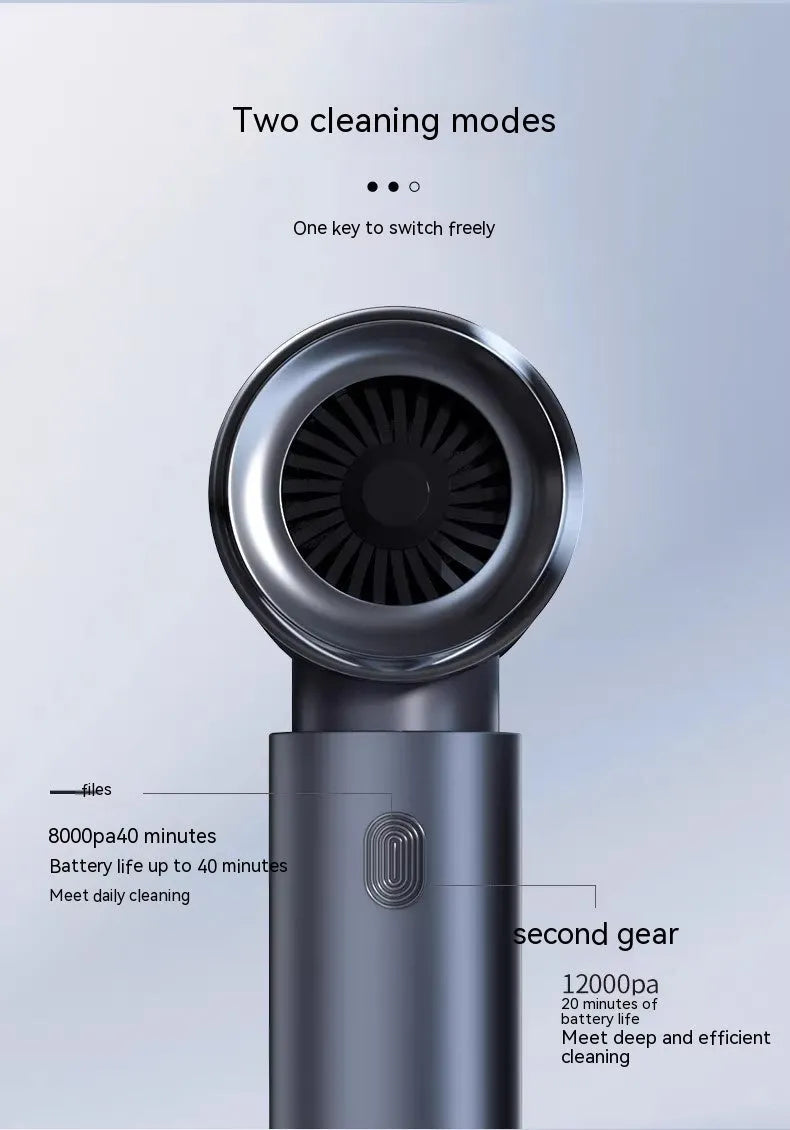 Handheld car vacuum cleaner in space-like grey colour with brushless motor and blowing/suction functions