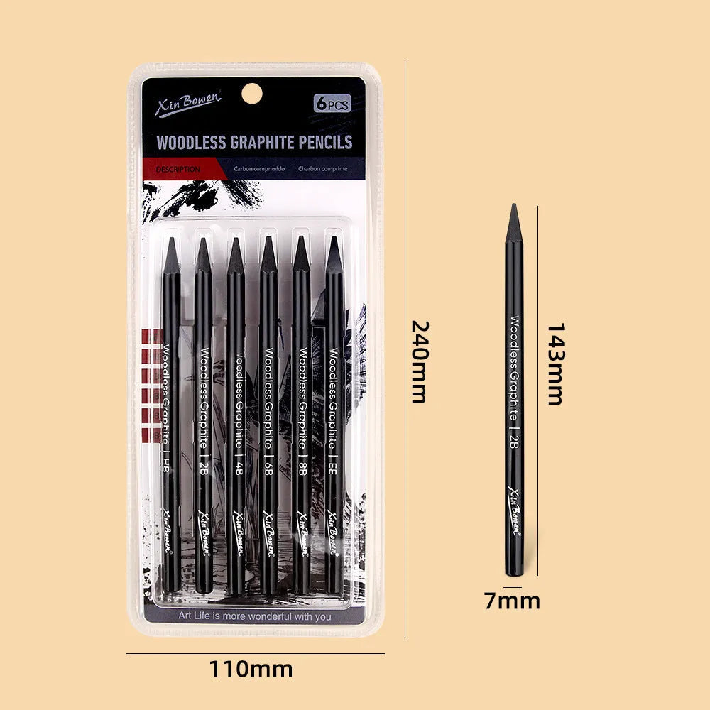 Set of six graphite sketching pencils with grades labelled HB, 2B, 4B, 6B, 8B, and EE.