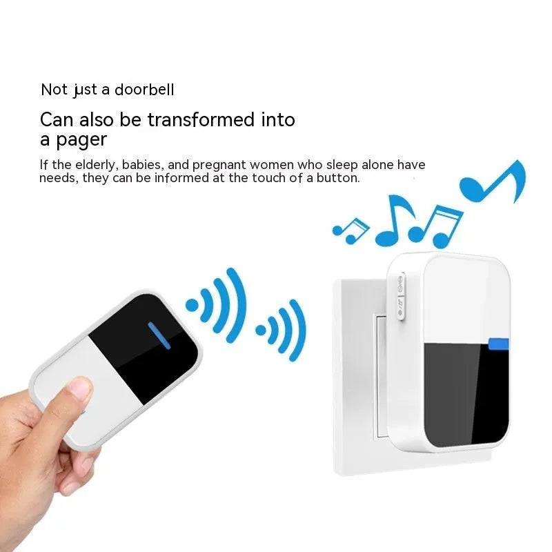 White wireless doorbell kit with plug-in chime and push button on a wooden table