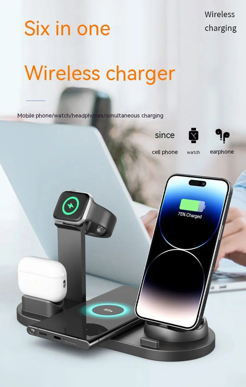 Upgraded three-in-one wireless charger and phone desk holder in black, rose gold, silver, or white.