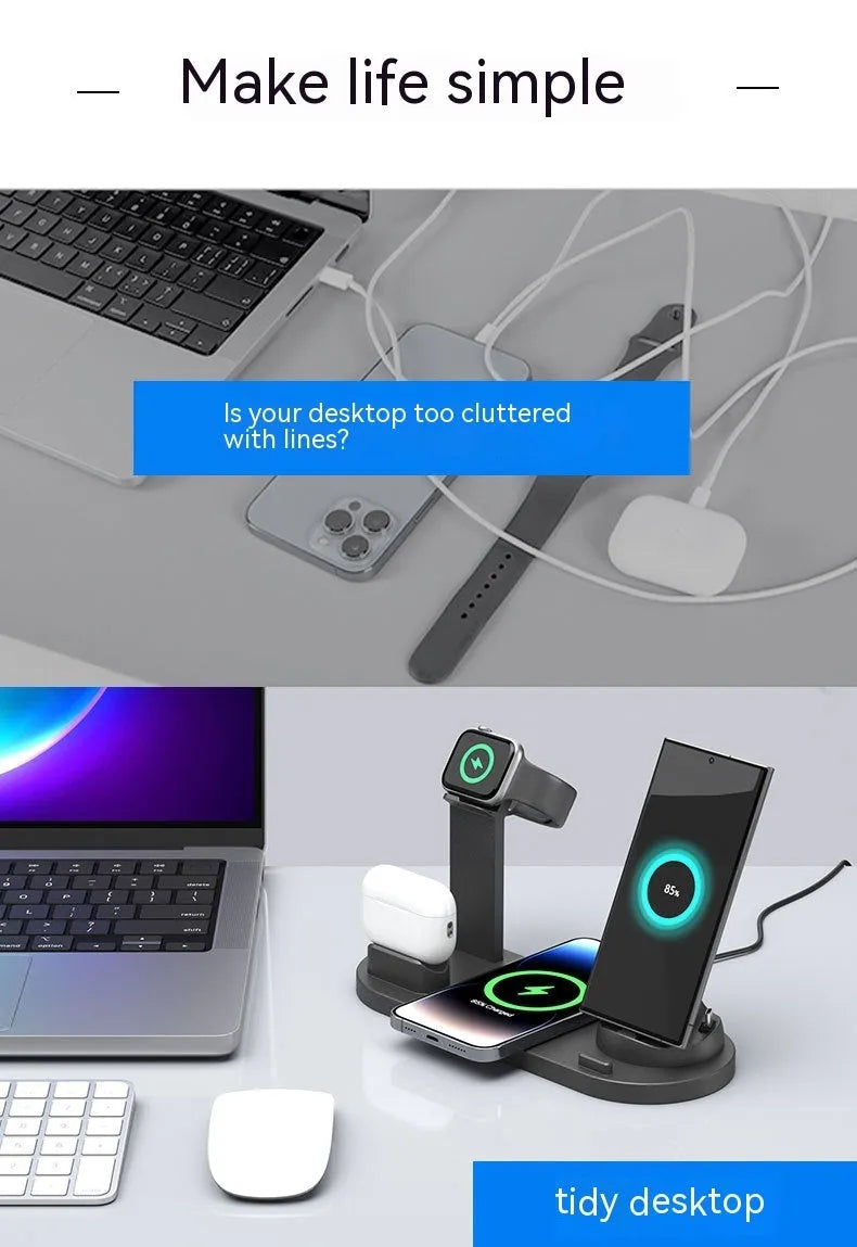 Upgraded three-in-one wireless charger and phone desk holder in black, rose gold, silver, or white.