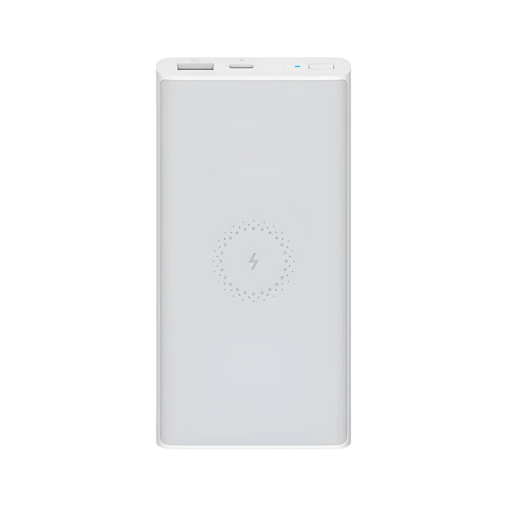 Black and white large capacity 10000mAh power bank showing USB-C port and wireless charging symbol.