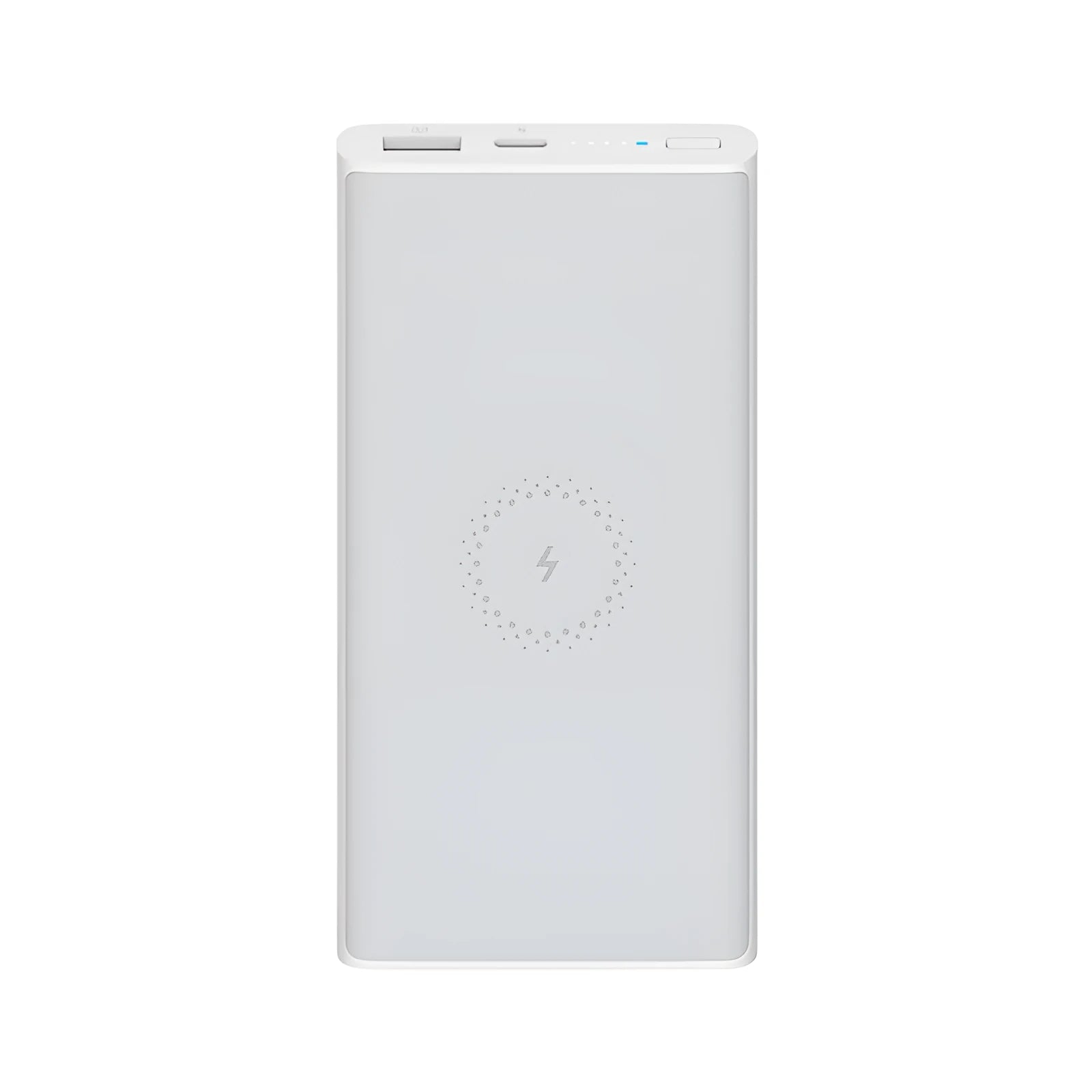 Black and white large capacity 10000mAh power bank showing USB-C port and wireless charging symbol.