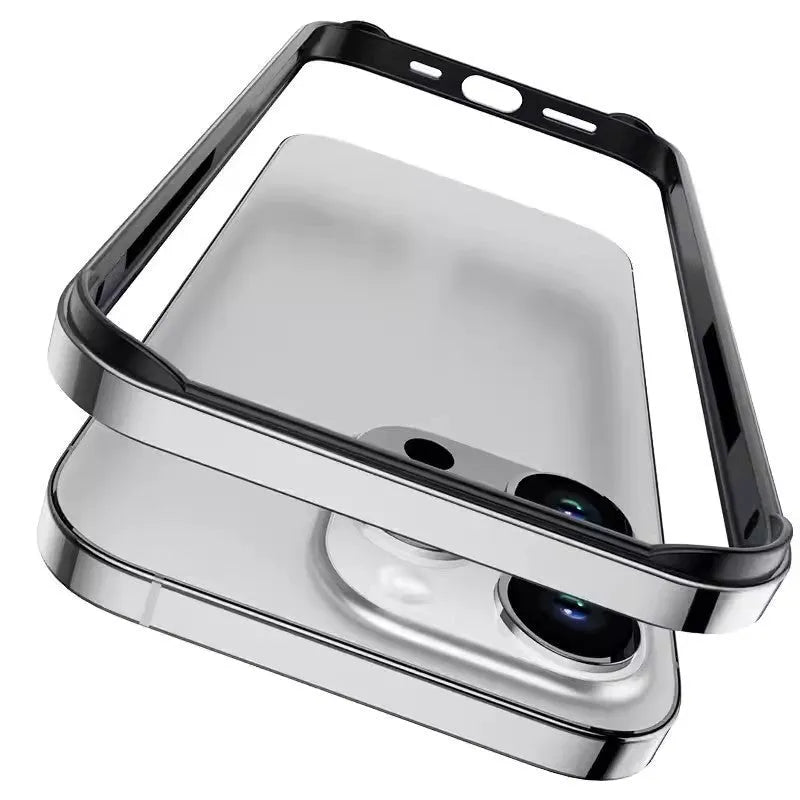 Straight edge aluminum alloy phone case with four-corner drop-resistant frame, in black, on a clean background