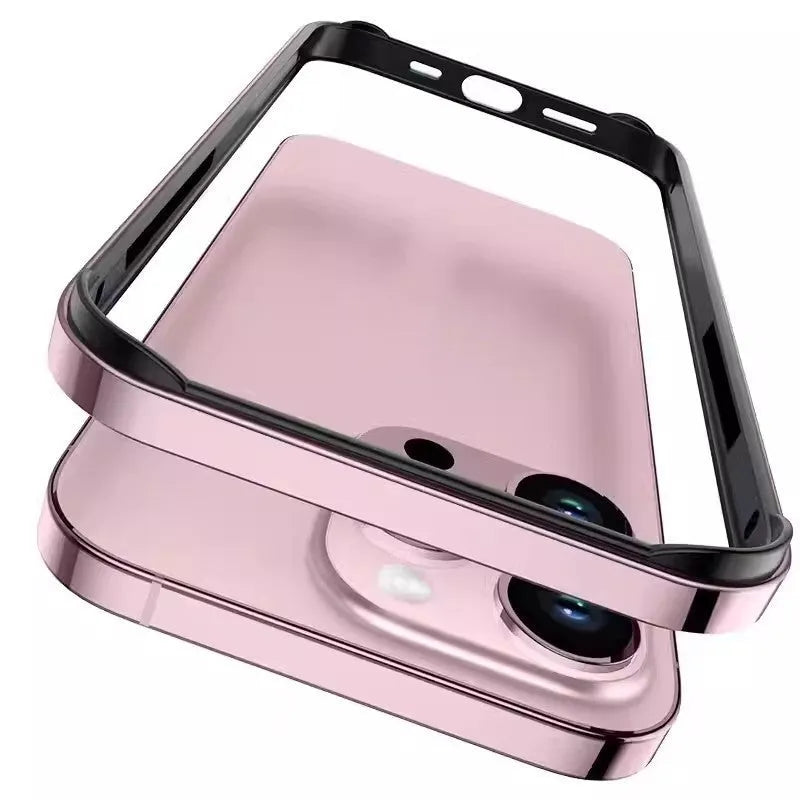 Straight edge aluminum alloy phone case with four-corner drop-resistant frame, in black, on a clean background