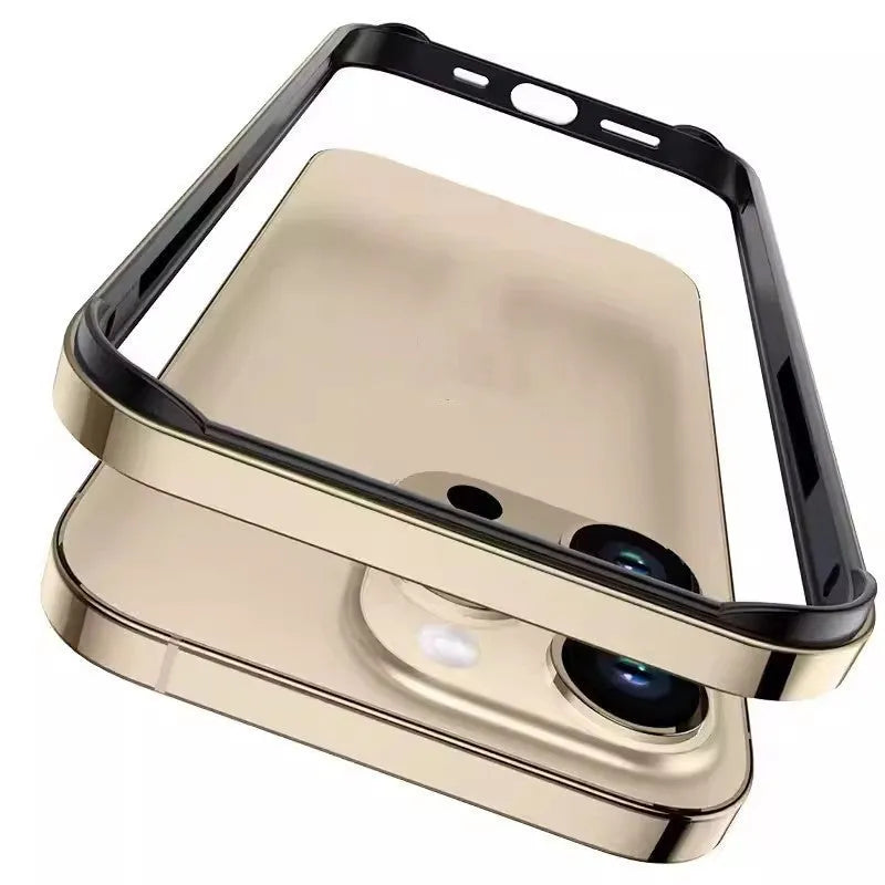 Straight edge aluminum alloy phone case with four-corner drop-resistant frame, in black, on a clean background