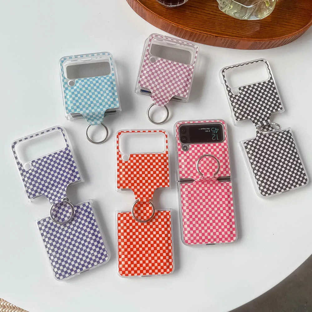 Foldable screen plaid ring phone case for Samsung Galaxy Z Flip 3 and Z Flip 4 in black with ring grip