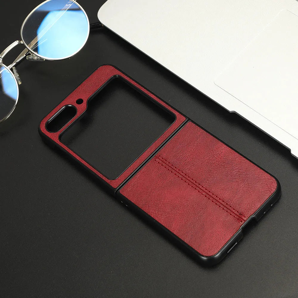 Leather grain foldable screen phone case for Samsung Z Flip 5 in black with stitched PU PC construction