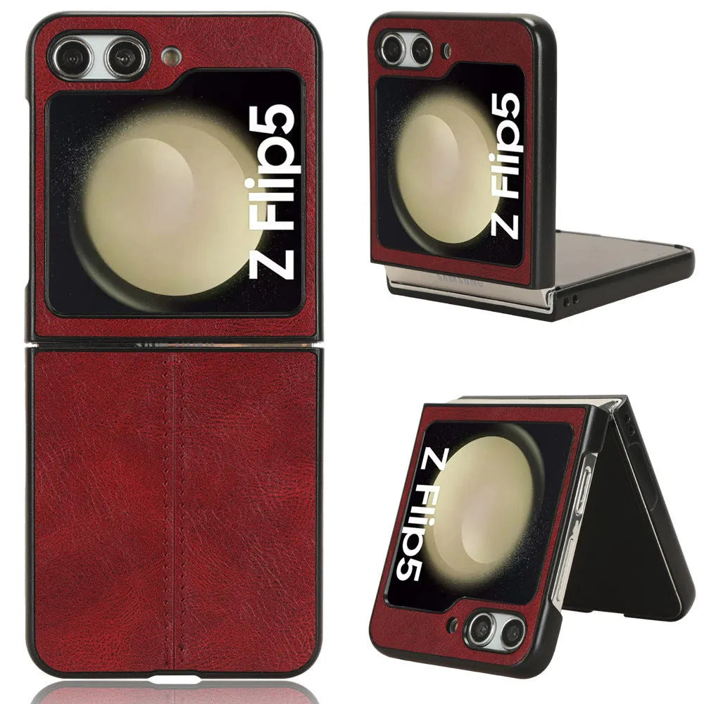 Leather grain foldable screen phone case for Samsung Z Flip 5 in black with stitched PU PC construction