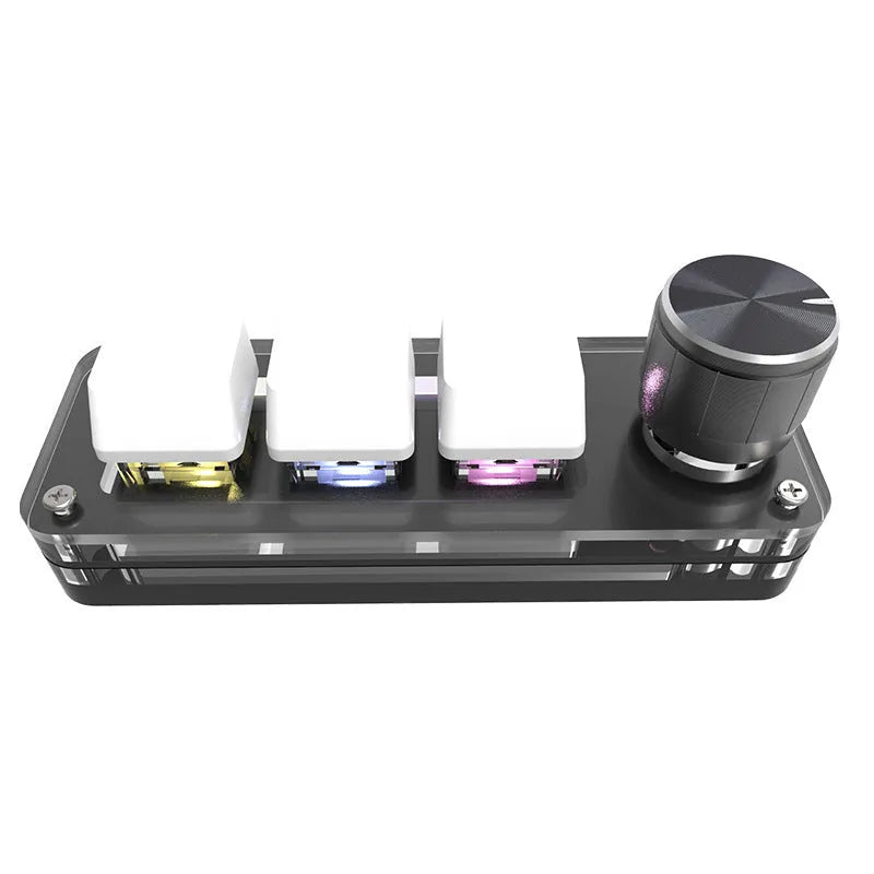 Black and white programmable macro keyboard with RGB backlight showing 15cm size next to USB cable