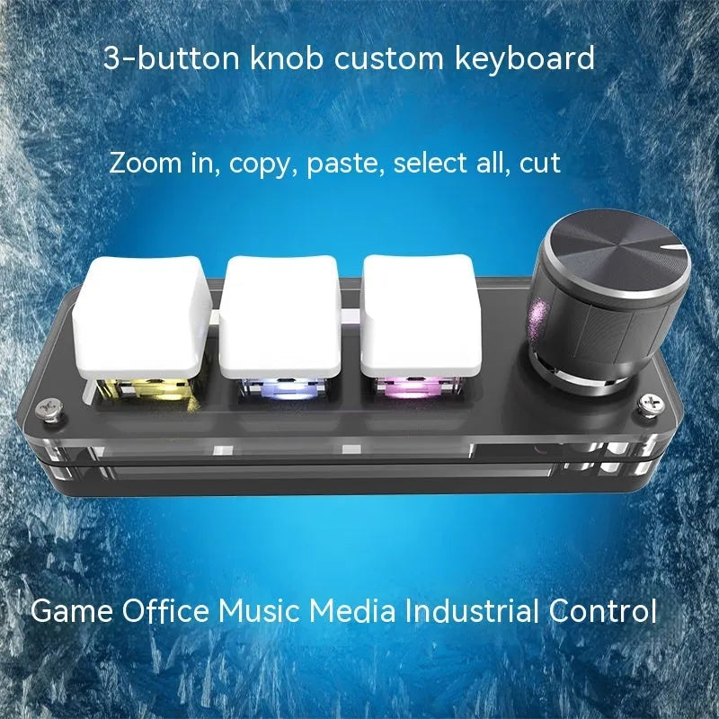 Black and white programmable macro keyboard with RGB backlight showing 15cm size next to USB cable