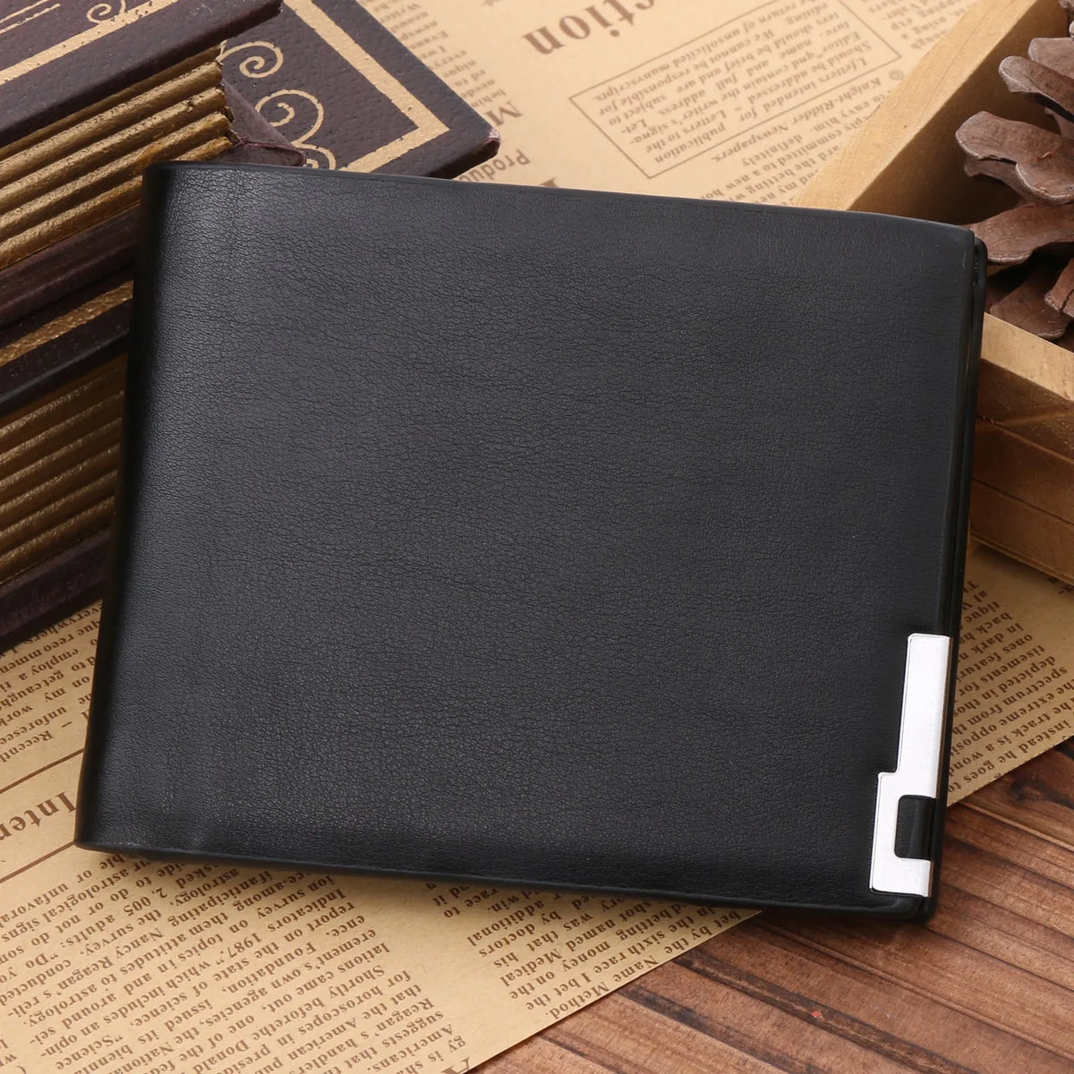 PU leather man wallet in black with blue edge, showing card slots and bill compartments
