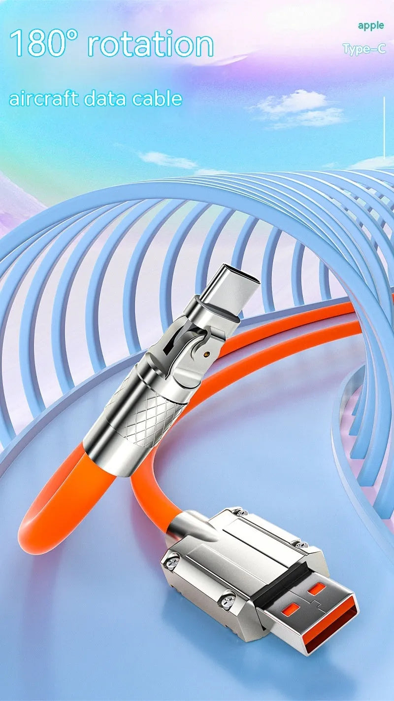 Orange mobile game charging cable with rotating elbow design showing Lightning, Micro USB and Type-C connectors