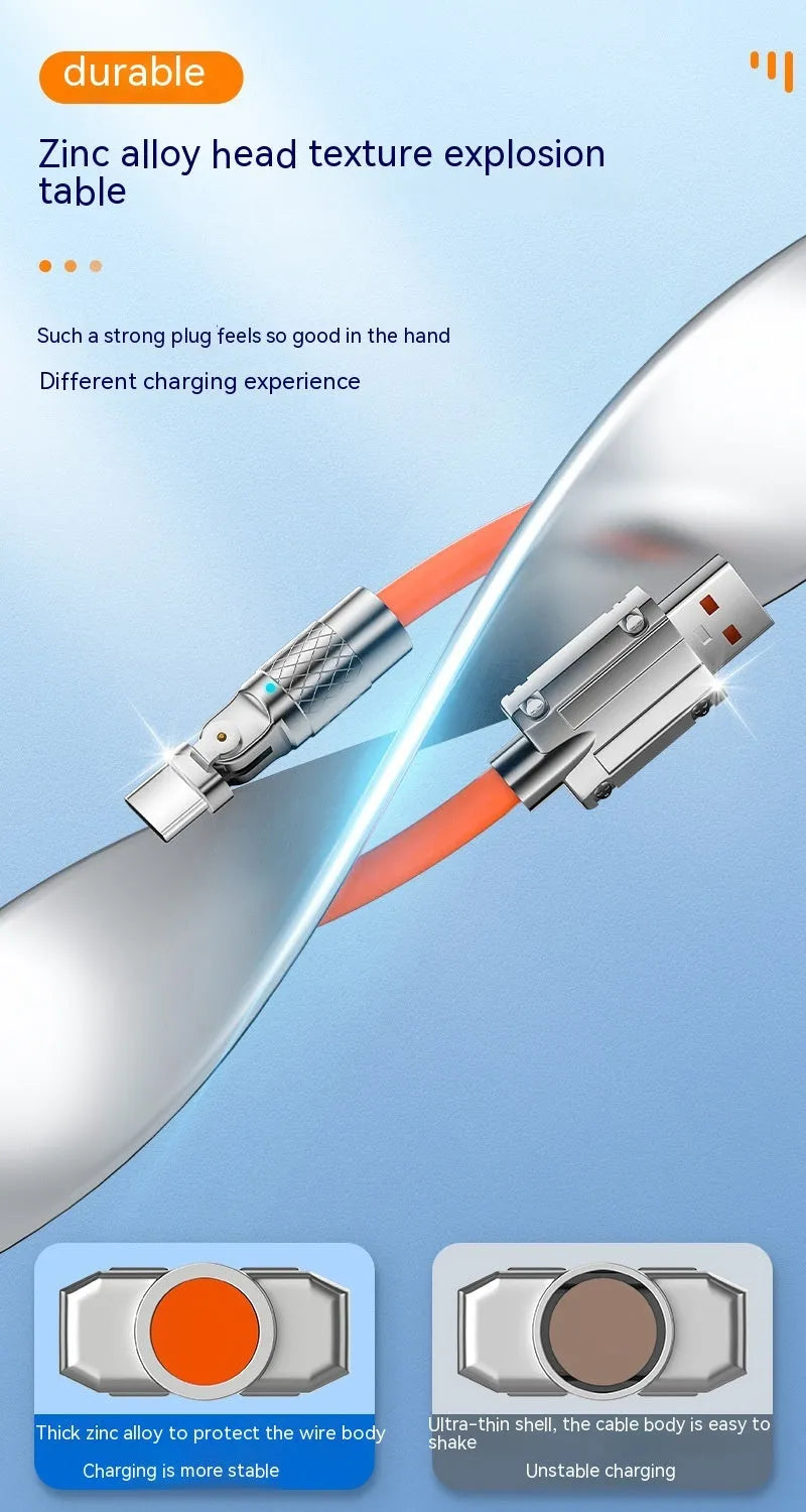 Orange mobile game charging cable with rotating elbow design showing Lightning, Micro USB and Type-C connectors