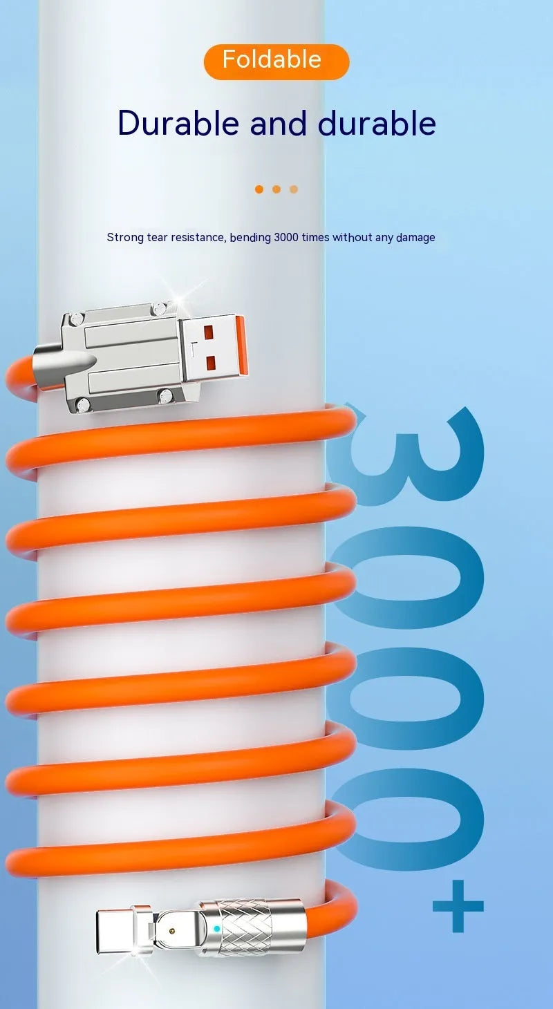Orange mobile game charging cable with rotating elbow design showing Lightning, Micro USB and Type-C connectors