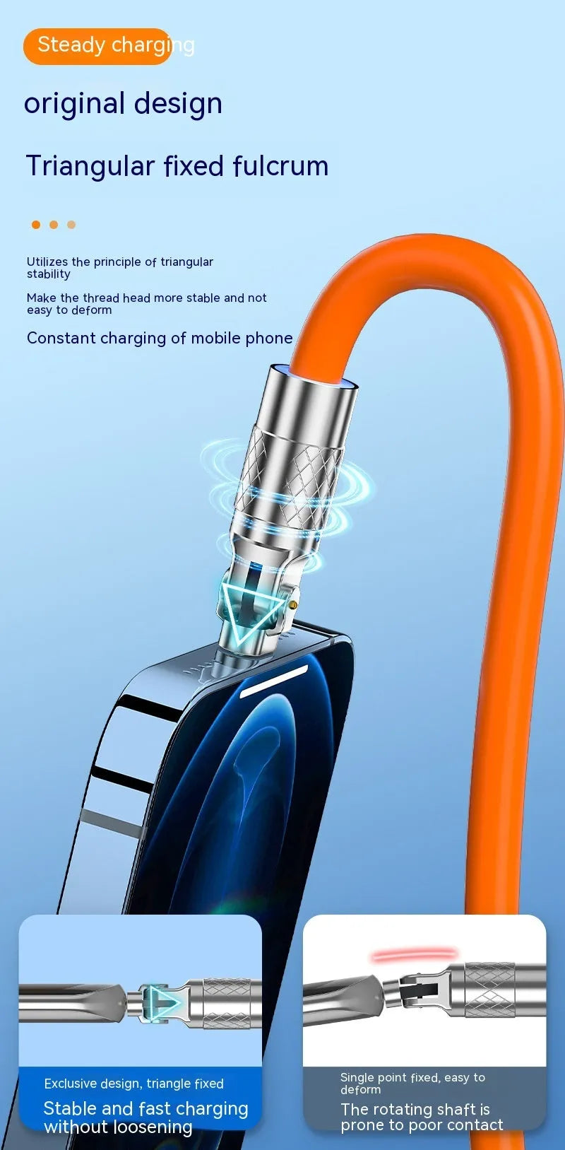Orange mobile game charging cable with rotating elbow design showing Lightning, Micro USB and Type-C connectors