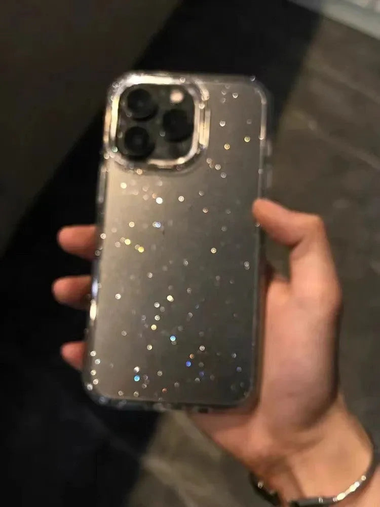 Transparent silicone phone case with thin glittering crystal finish for iPhone 16 series