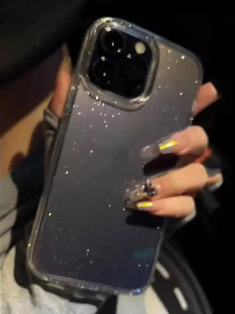 Transparent silicone phone case with thin glittering crystal finish for iPhone 16 series