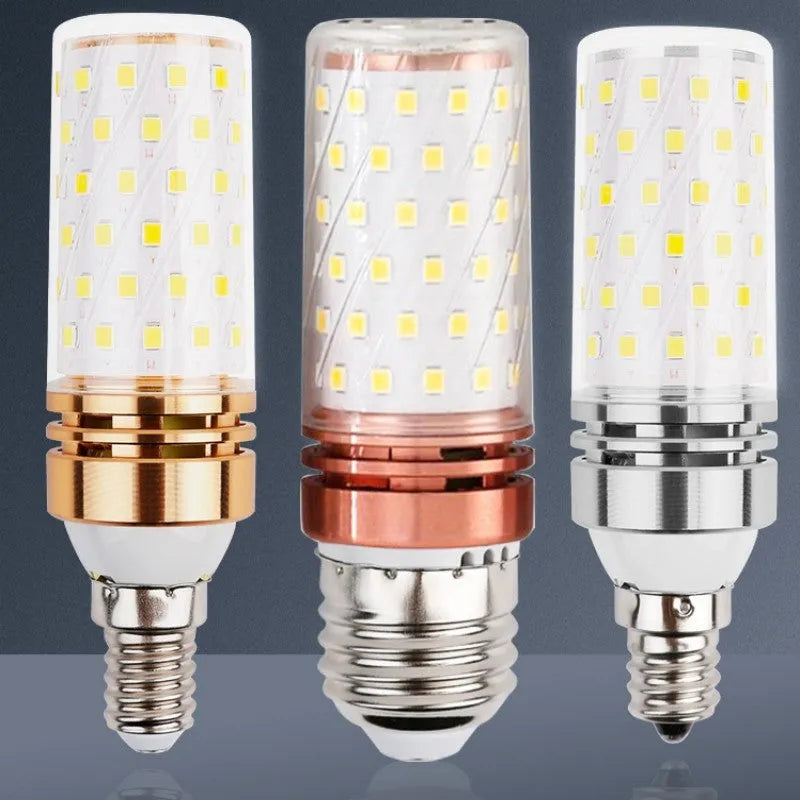 E14 12W LED corn light bulb showing 60 yellow LED beads on a clear background.