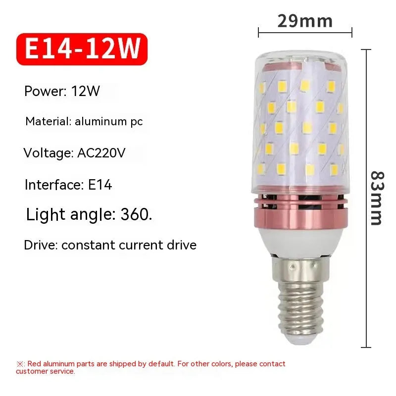 E14 12W LED corn light bulb showing 60 yellow LED beads on a clear background.