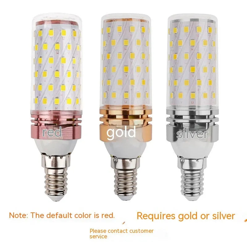 E14 12W LED corn light bulb showing 60 yellow LED beads on a clear background.