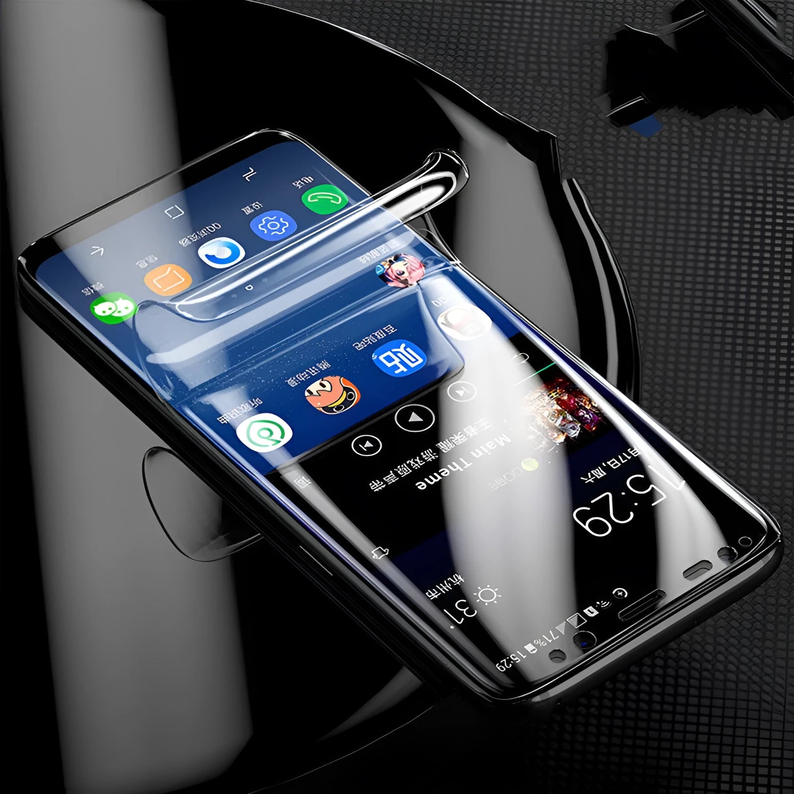 Purple light hydraulic film screen protector for curved Samsung Galaxy phone.