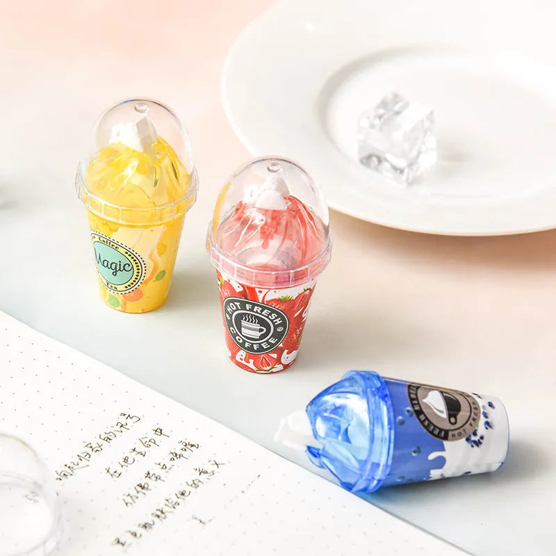 Plastic ice cream shape correction tape with tea cup design in blue shell on white background
