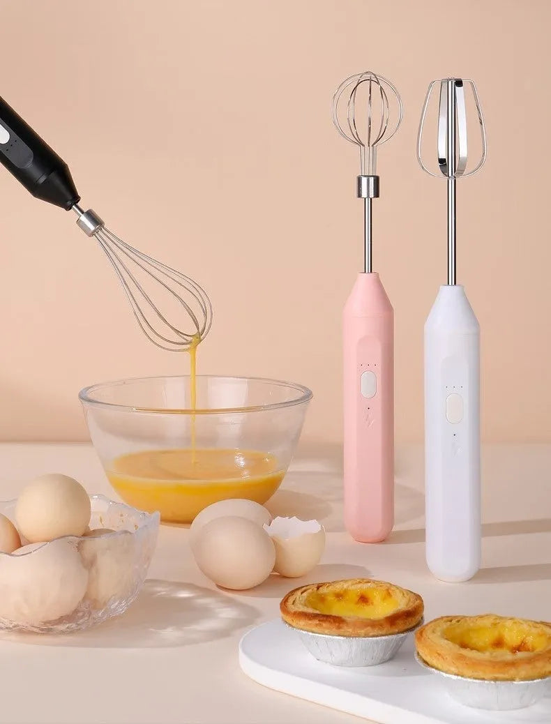 Handheld electric egg beater in black, pink, or white with grow head, 304 stainless steel and ABS, cordless 2000mAh, 18000 rpm.