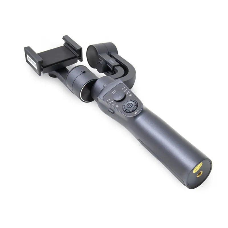 Black three-axis handheld gimbal stabilizer for mobile phones with extended battery and included hard case.