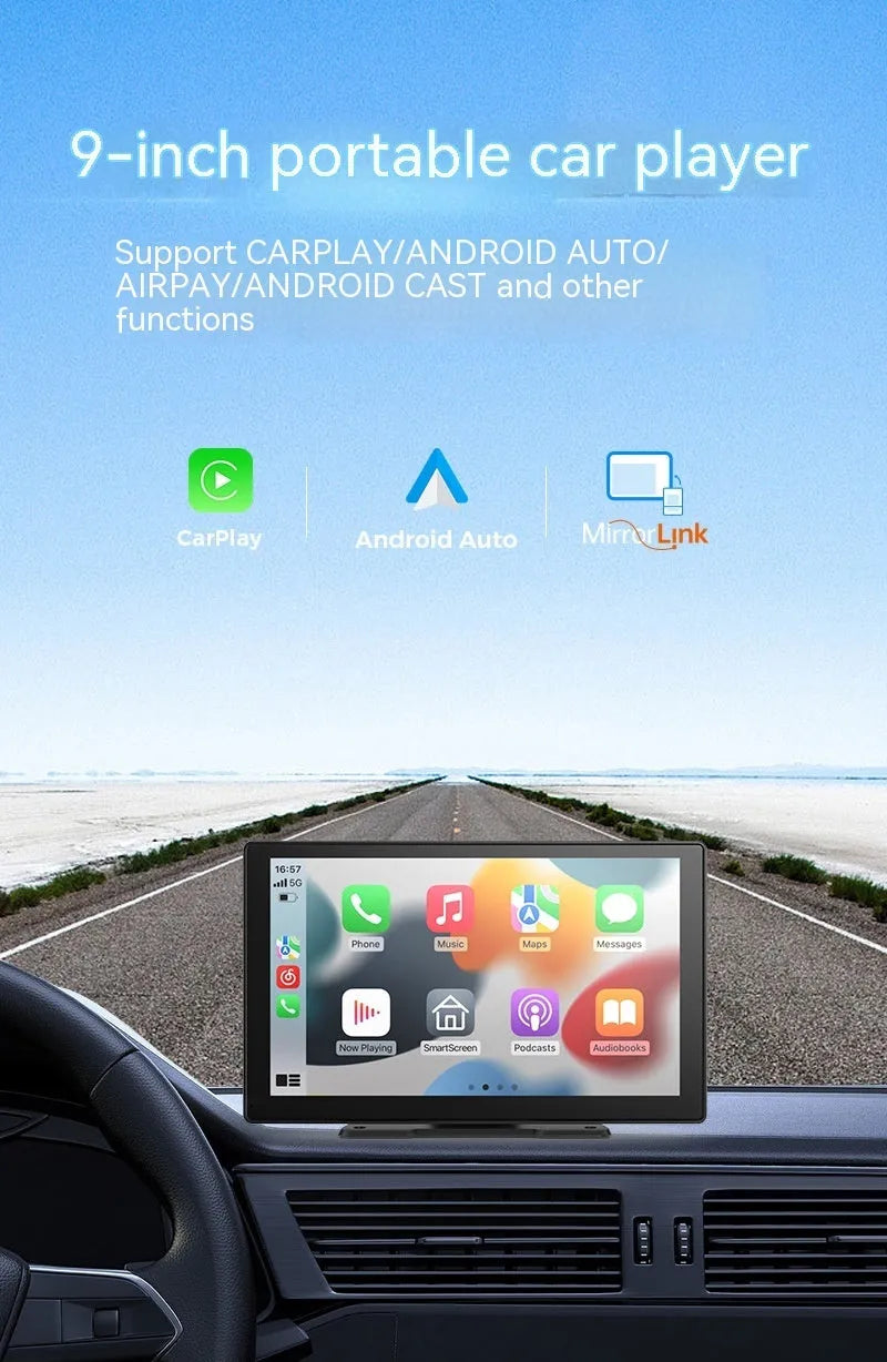 9-inch portable CarPlay driving recorder with dual camera system and touch screen display