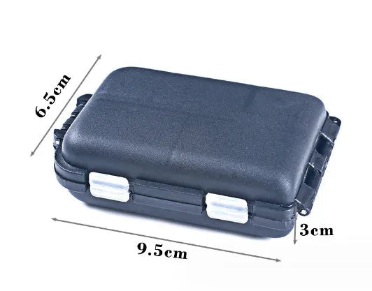 Black plastic fishing tackle storage box with 10 internal compartments, shown next to a ruler indicating 95mm length.