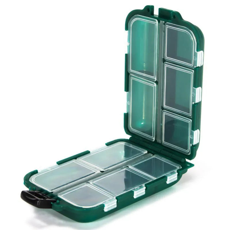 Black plastic fishing tackle storage box with 10 internal compartments, shown next to a ruler indicating 95mm length.