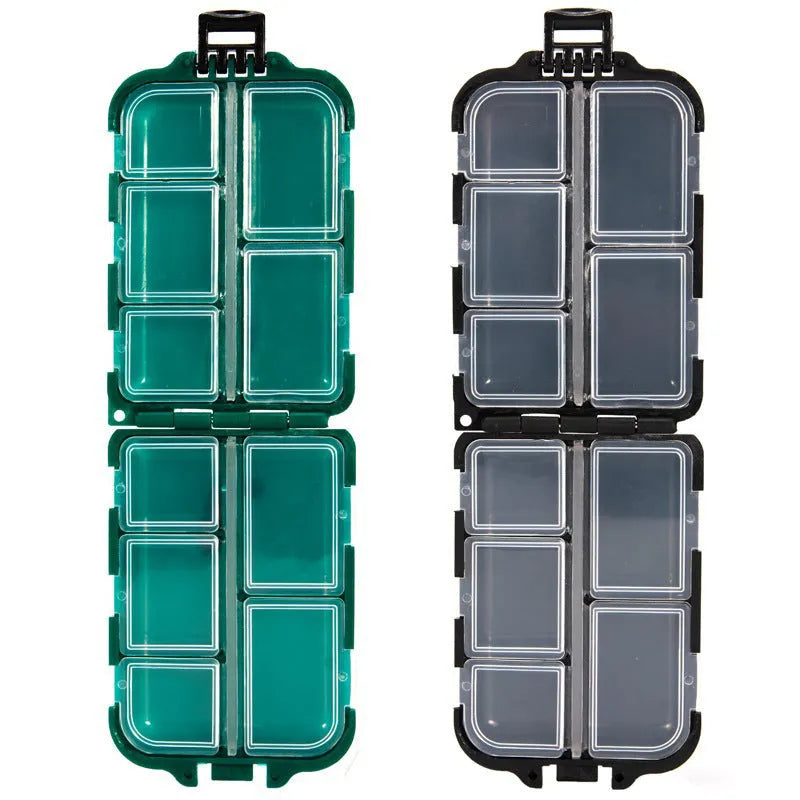 Black plastic fishing tackle storage box with 10 internal compartments, shown next to a ruler indicating 95mm length.
