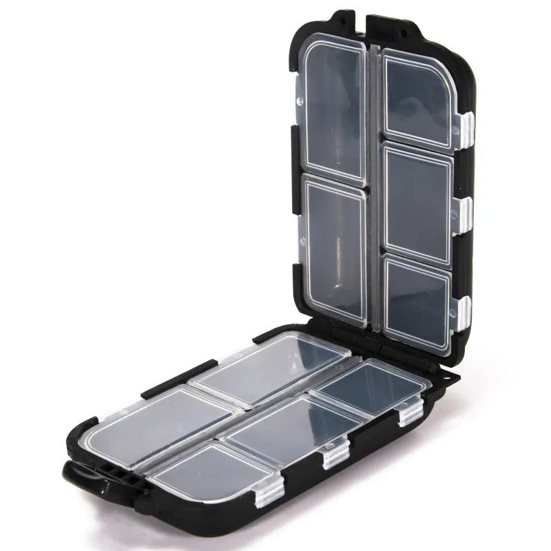 Black plastic fishing tackle storage box with 10 internal compartments, shown next to a ruler indicating 95mm length.