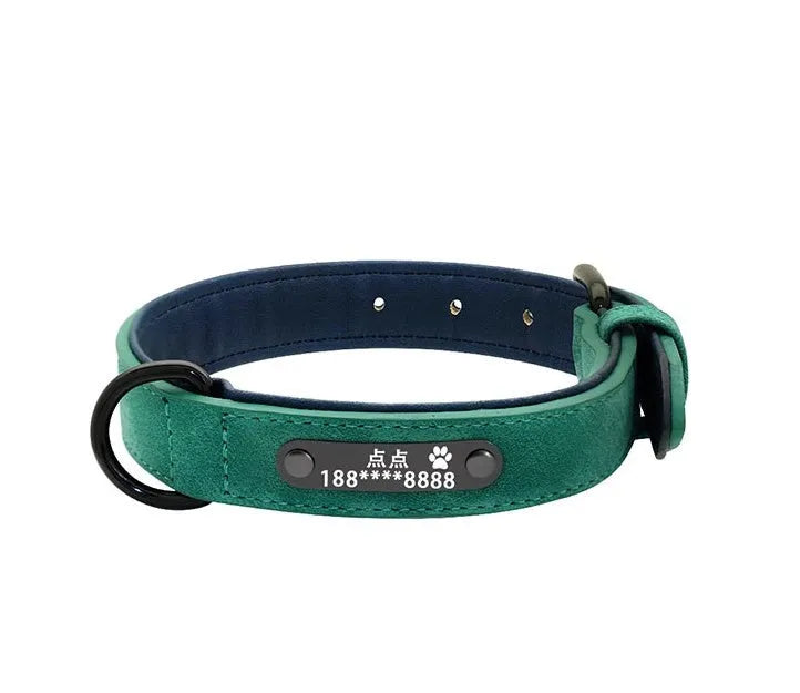 Custom dog tag identity card collar with microfiber leather surface, double D buckle, and painted alloy lock in multiple colours