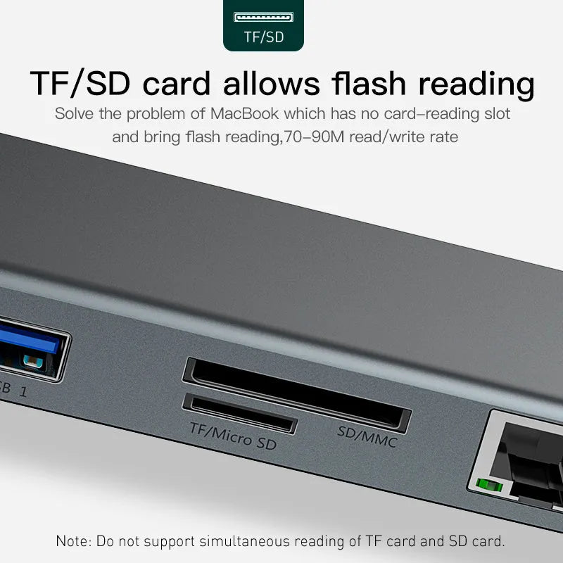 Grey aluminium ten-port docking station with cooling bracket showing HDMI, VGA and USB ports